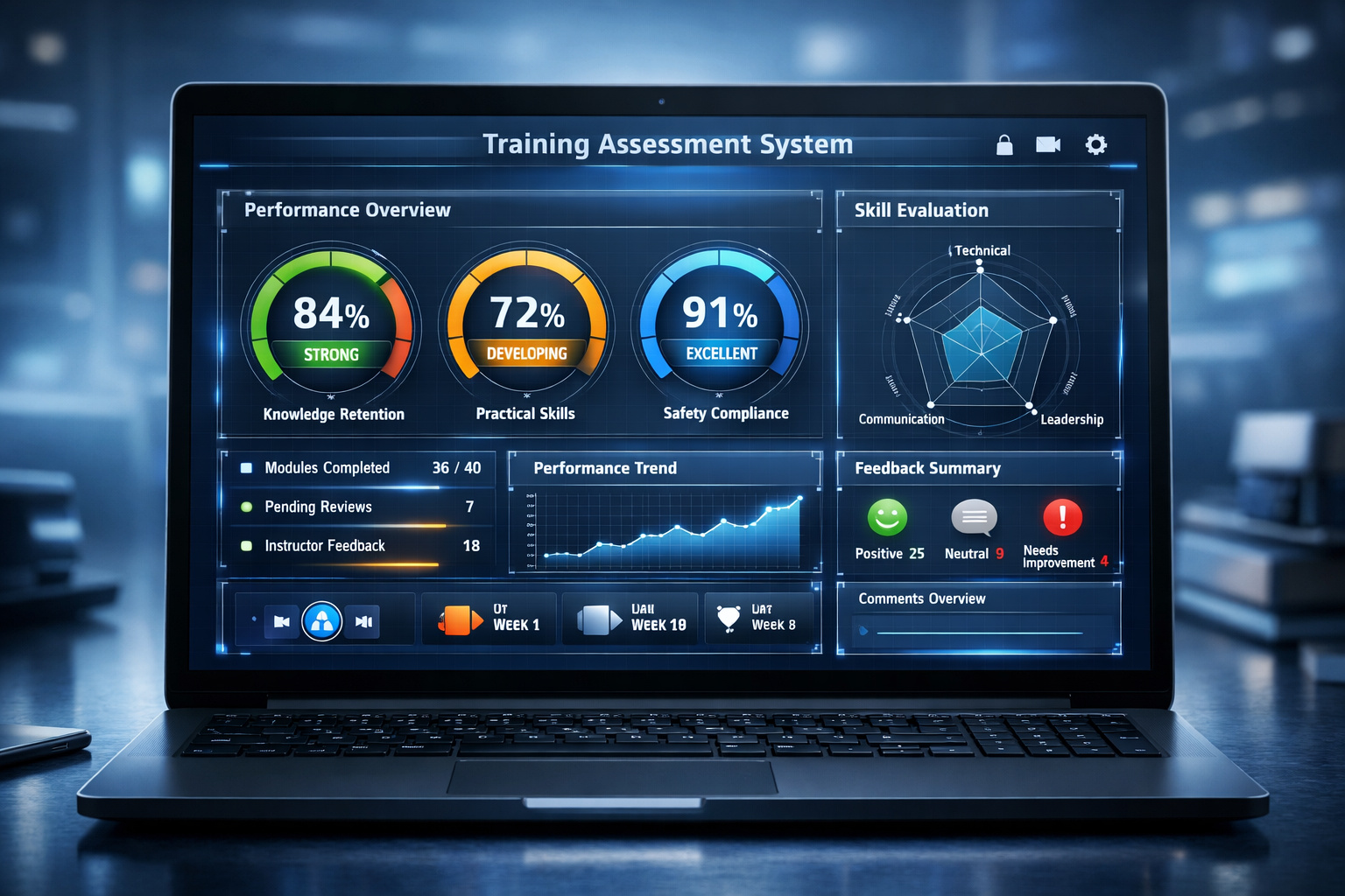 Training assessment system dashboard on laptop